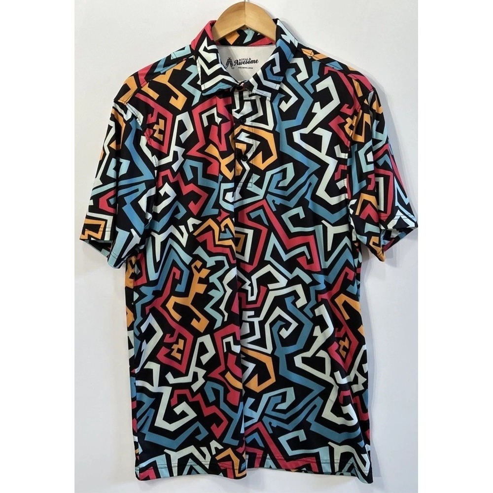 Royal & Awesome Geometric Polo Shirt‎ Men's Large Multicolor Performance Stretch